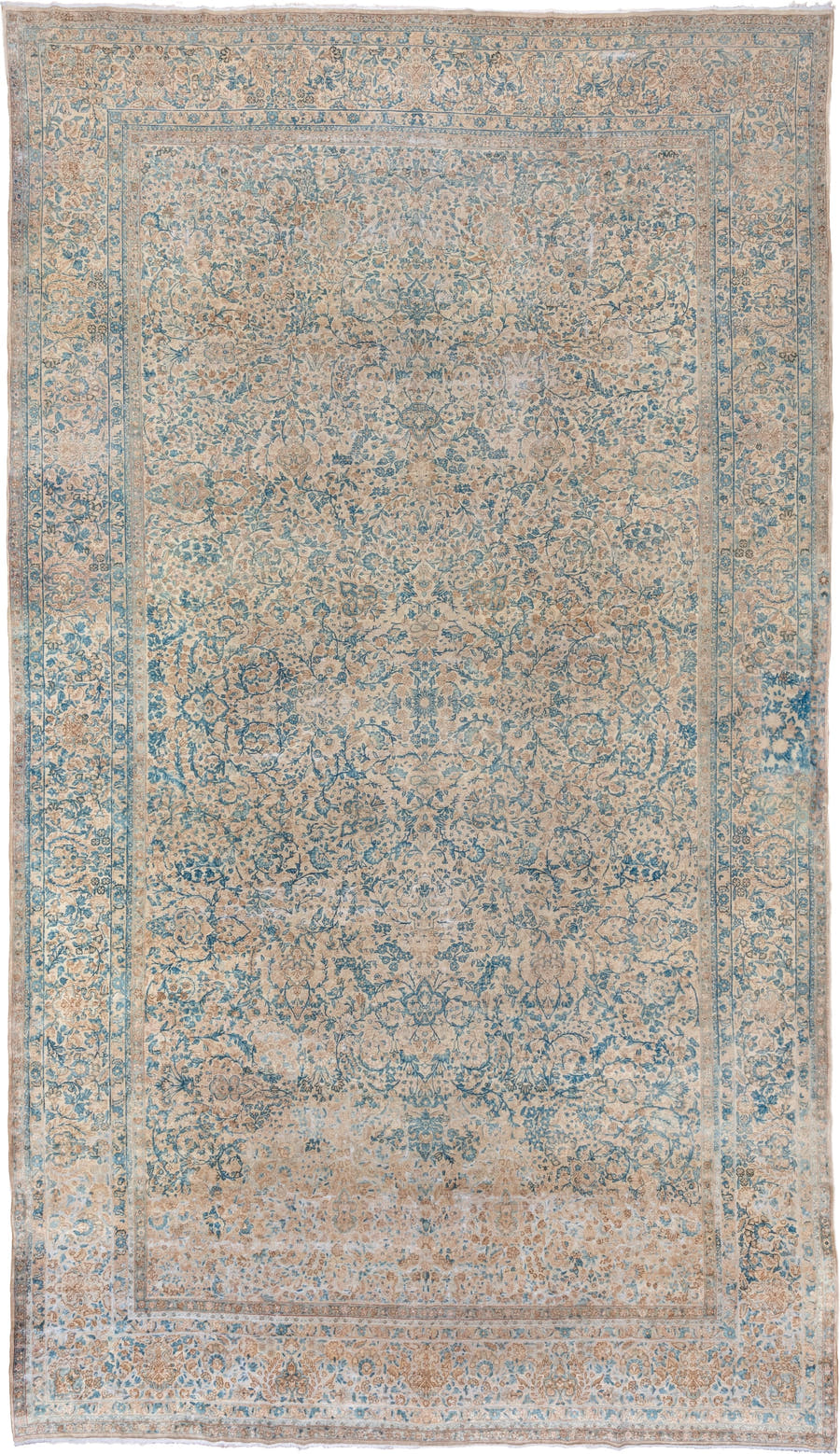 9' x 16' one-of-a-kind handmade vintage Kerman rug. Color palette: ivory, sky blue, beige, taupe, camel, light blue, gray