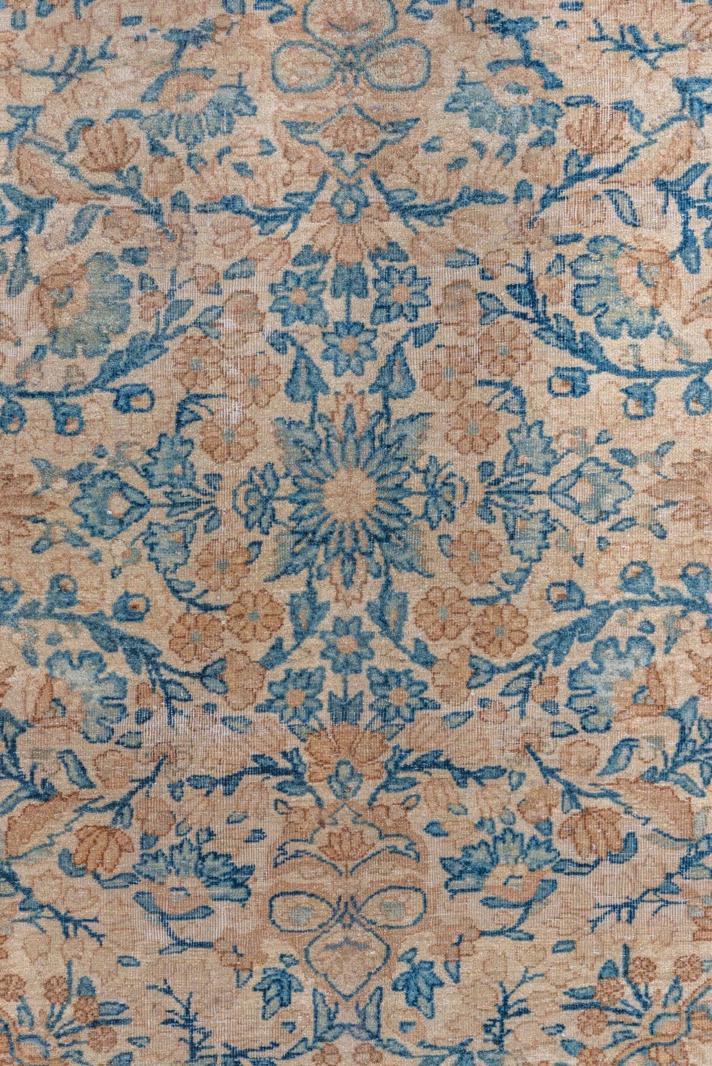 9' x 16' one-of-a-kind handmade vintage Kerman rug. Color palette: ivory, sky blue, beige, taupe, camel, light blue, gray