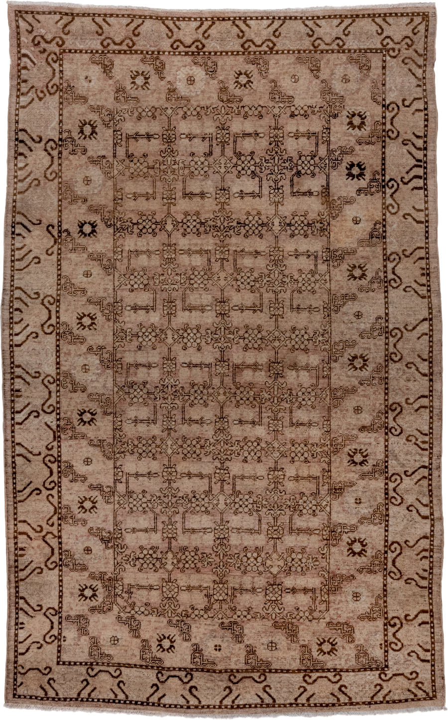 6' x 9' one-of-a-kind handmade antique Khotan medium size rug. Color palette: beige, taupe, brown, camel, ivory, gray