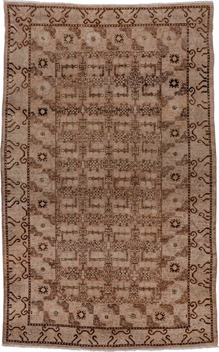 6' x 9' one-of-a-kind handmade antique Khotan medium size rug. Color palette: beige, taupe, brown, camel, ivory, gray