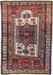 3' x 5' one-of-a-kind handmade antique Kazak small size rug. Color palette: terracotta, ivory, indigo, rust, sky_blue, navy