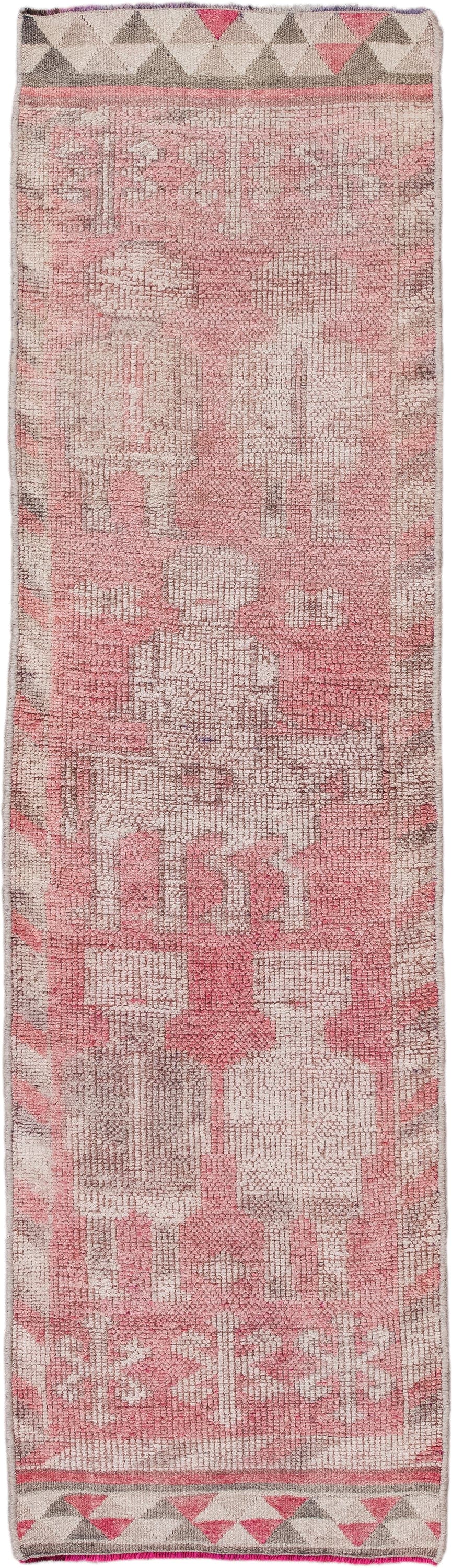 2' x 9' one-of-a-kind handmade antique Kars runner rug. Color palette: rose, ivory, taupe, gray, coral, pink, red, beige