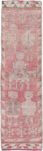 2' x 9' one-of-a-kind handmade antique Kars runner rug. Color palette: rose, ivory, taupe, gray, coral, pink, red, beige