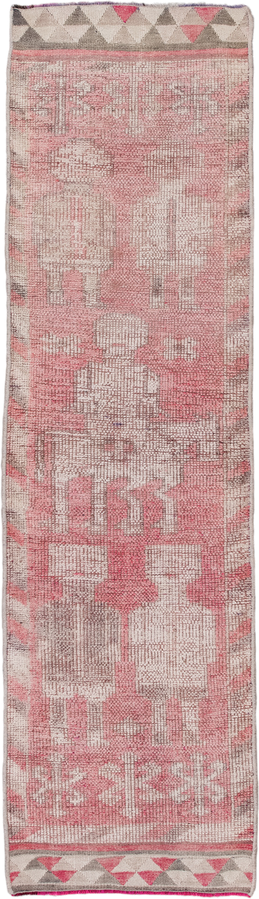 2' x 9' one-of-a-kind handmade antique Kars runner rug. Color palette: rose, ivory, taupe, gray, coral, pink, red, beige