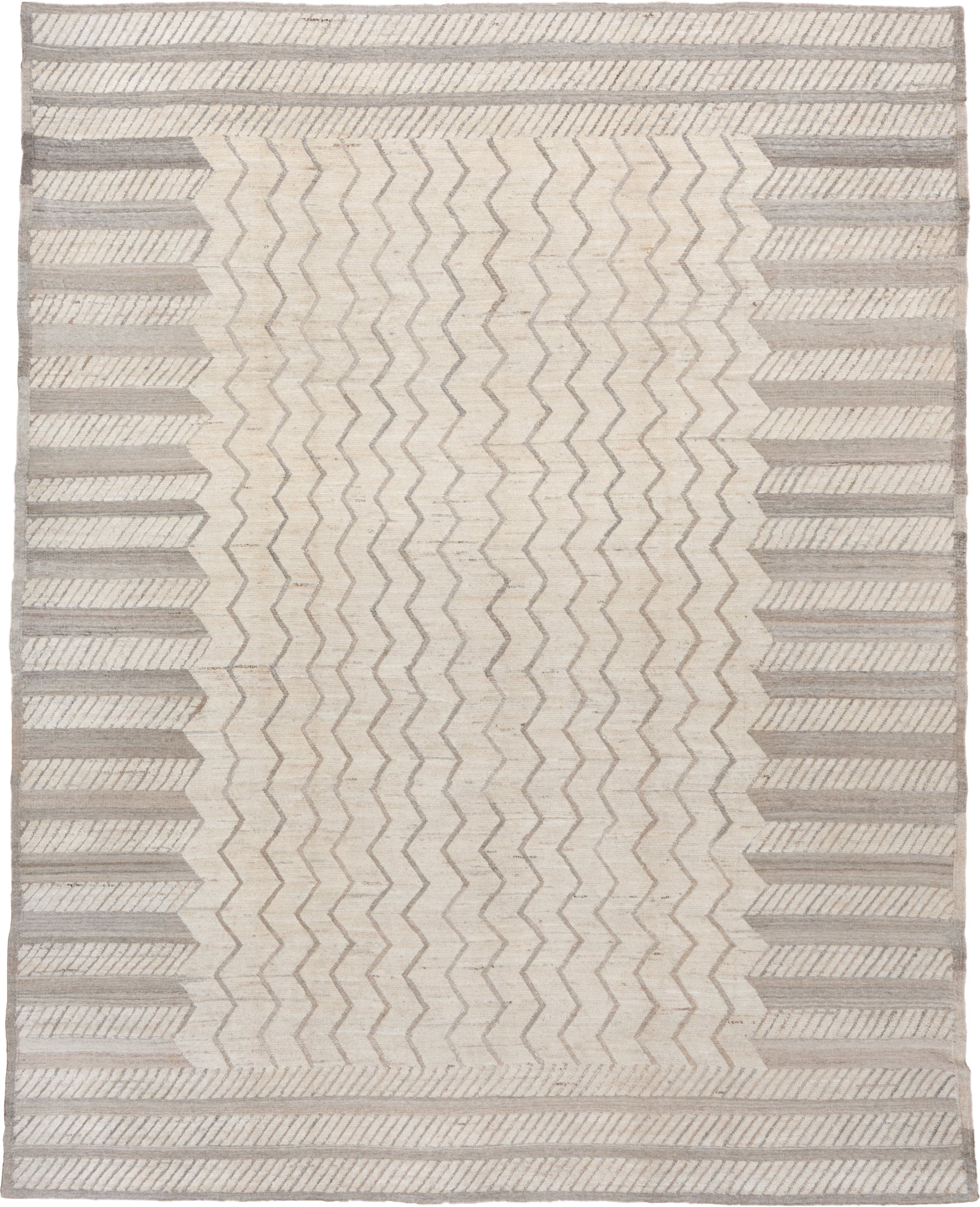9' x 12' one-of-a-kind handmade vintage Tulu large size rug. Color palette: ivory, taupe, gray, cream, beige