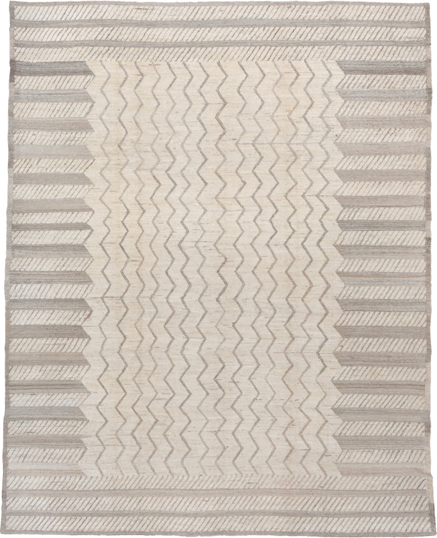 9' x 12' one-of-a-kind handmade vintage Tulu large size rug. Color palette: ivory, taupe, gray, cream, beige