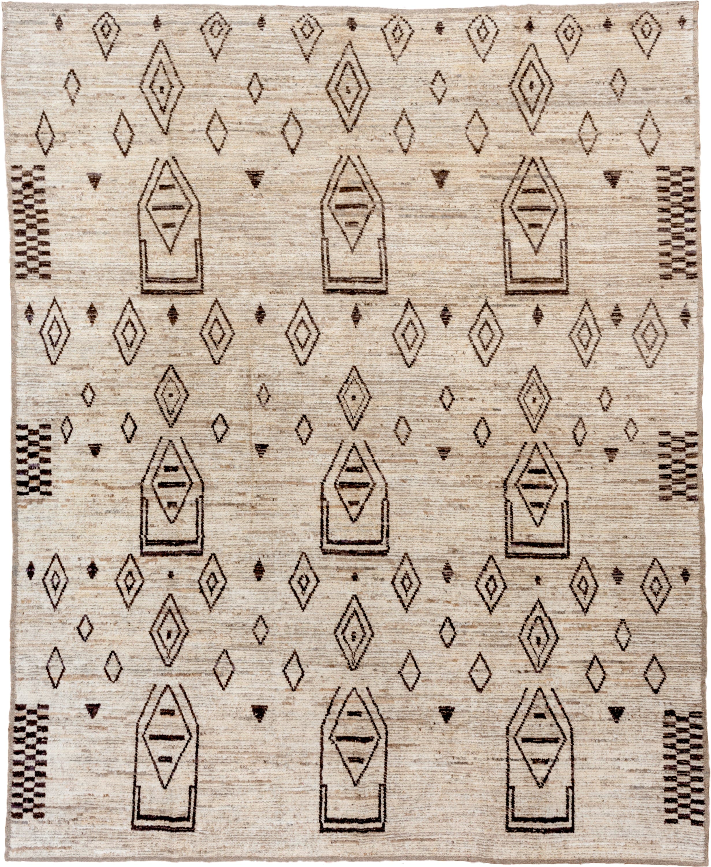 9' x 11' one-of-a-kind handmade vintage Tulu large size rug. Color palette: ivory, brown, taupe, charcoal, beige, gray