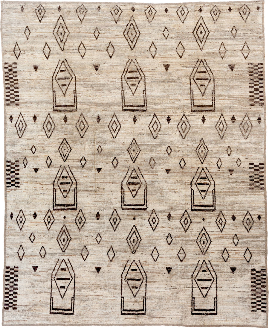 9' x 11' one-of-a-kind handmade vintage Tulu large size rug. Color palette: ivory, brown, taupe, charcoal, beige, gray