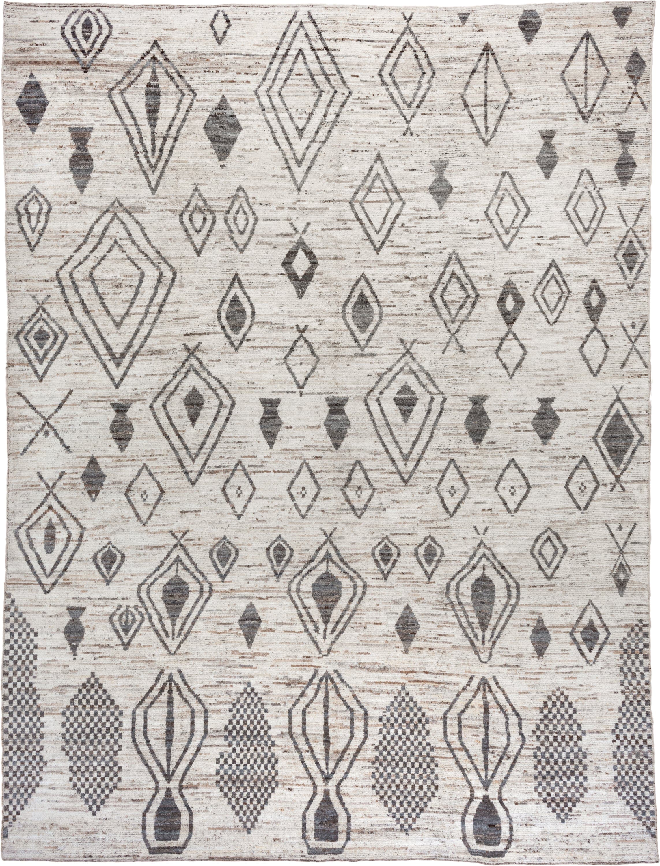 10' x 14' one-of-a-kind handmade vintage Tulu large size rug. Color palette: ivory, charcoal, taupe, gray, brown, black