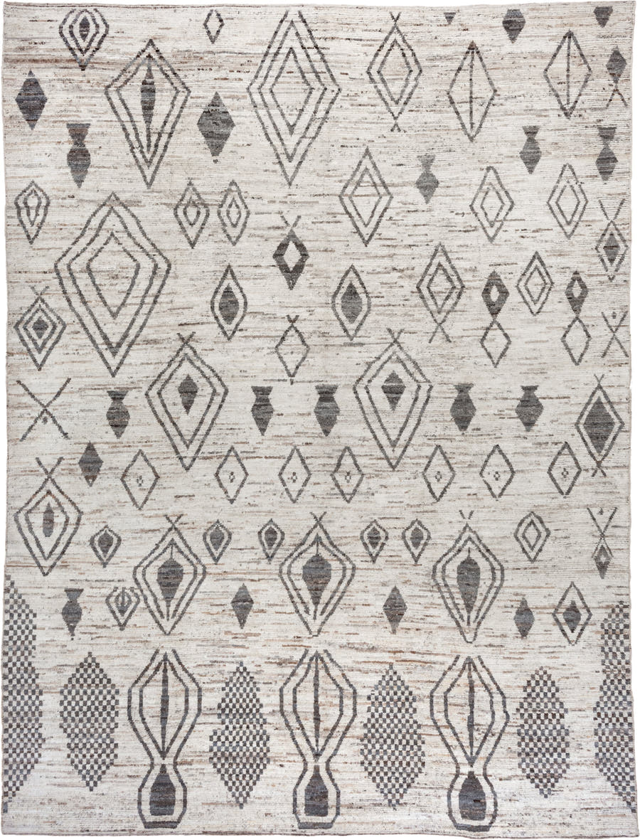 10' x 14' one-of-a-kind handmade vintage Tulu large size rug. Color palette: ivory, charcoal, taupe, gray, brown, black