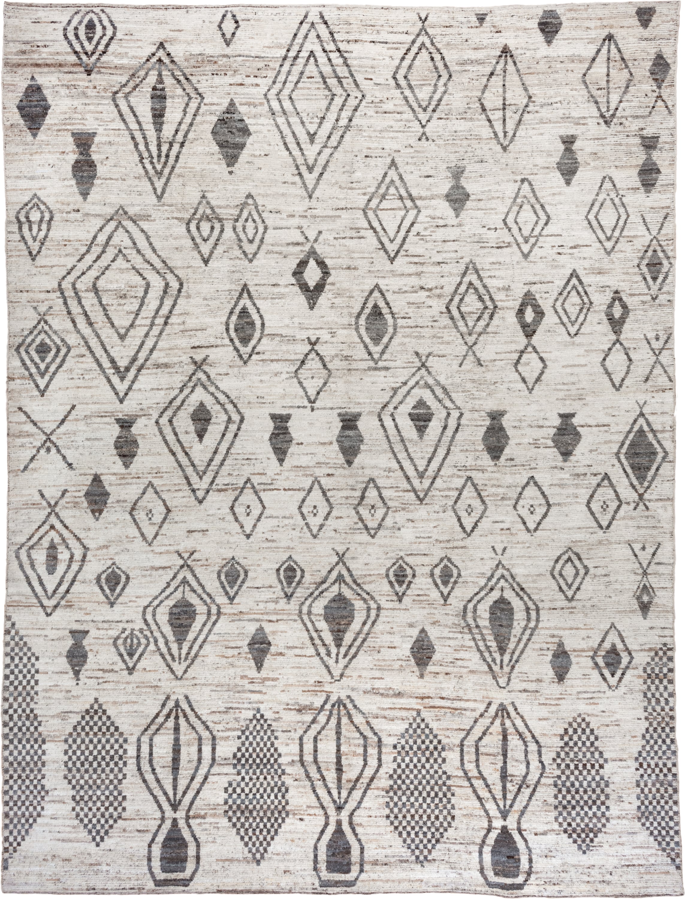 10' x 14' one-of-a-kind handmade vintage Tulu large size rug. Color palette: ivory, charcoal, taupe, gray, brown, black