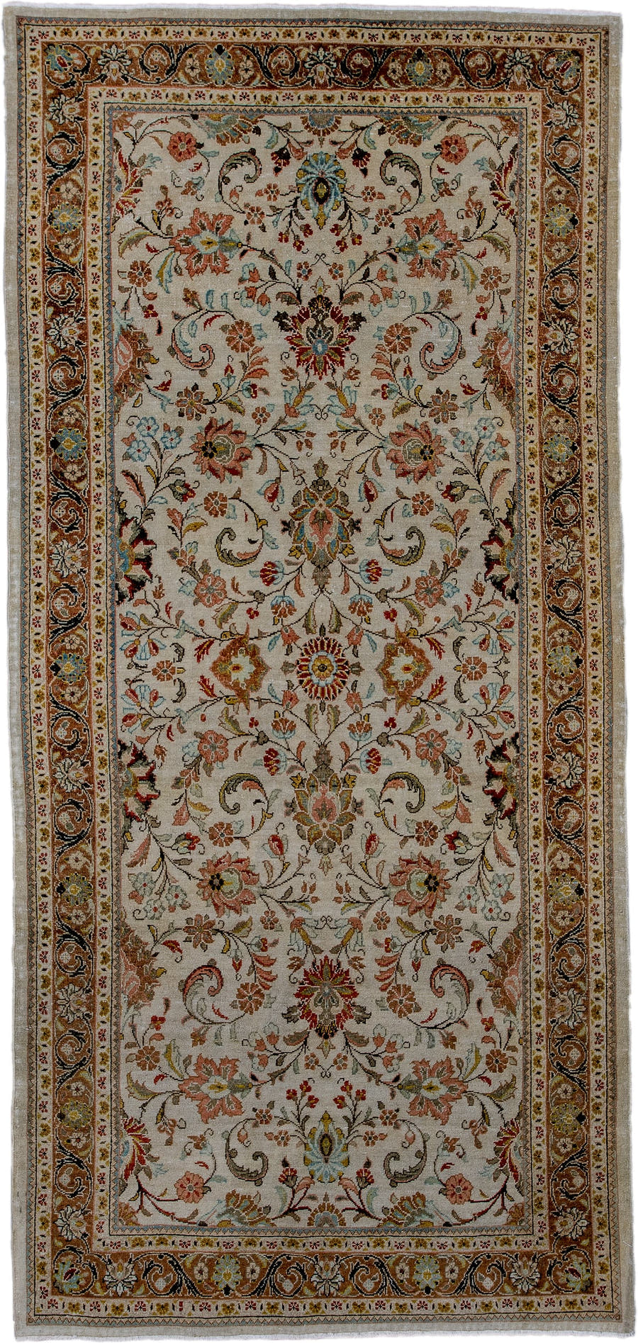 4' x 9' one-of-a-kind handmade antique Sarouk runner rug. Color palette: ivory, camel, rust, light blue, sage, gold, brown