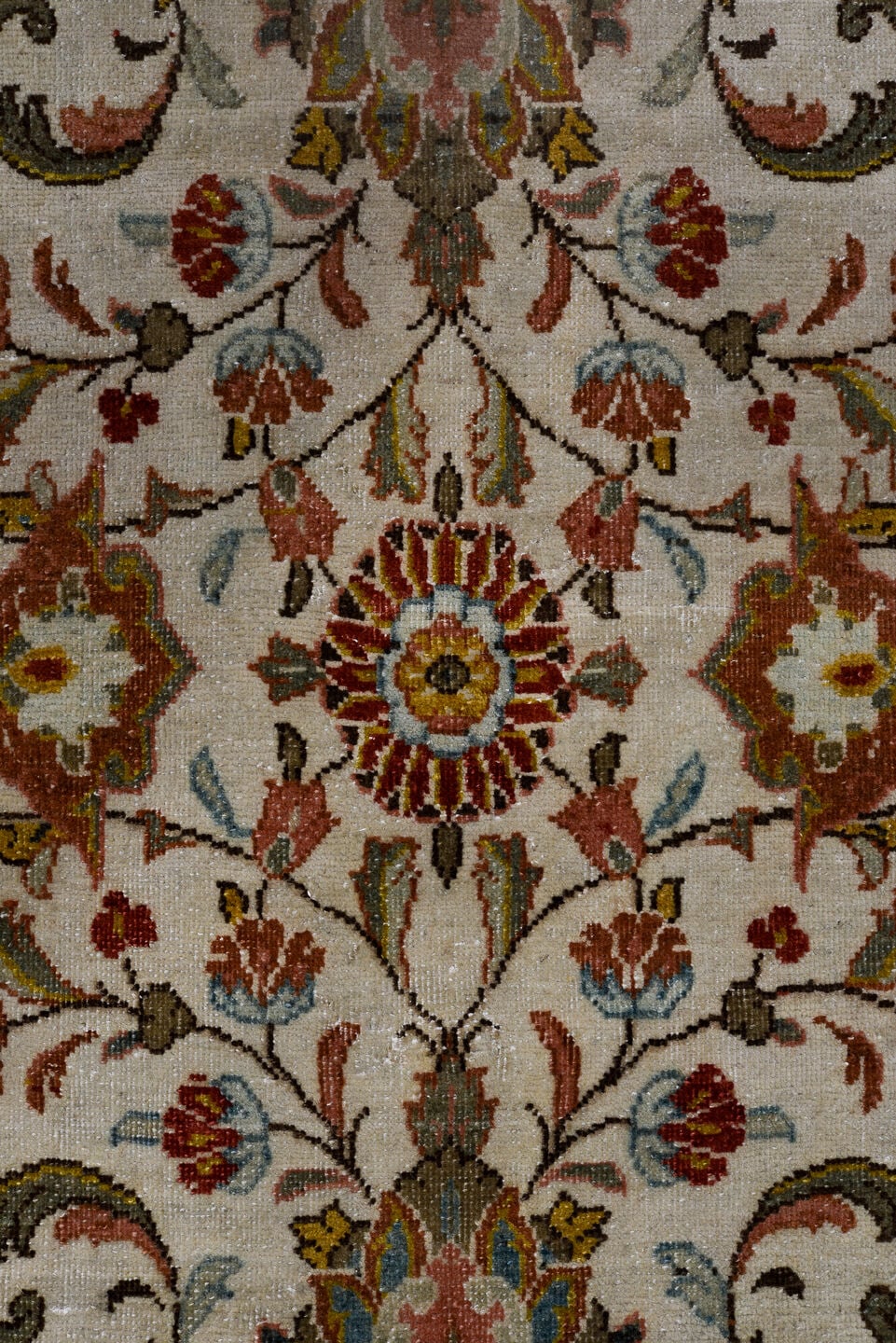 4' x 9' one-of-a-kind handmade antique Sarouk runner rug. Color palette: ivory, camel, rust, light blue, sage, gold, brown