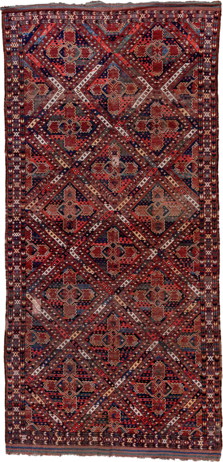 5' x 10' one-of-a-kind handmade antique Beshir medium size rug. Color palette: rust, navy, burgundy, ivory, terra cotta