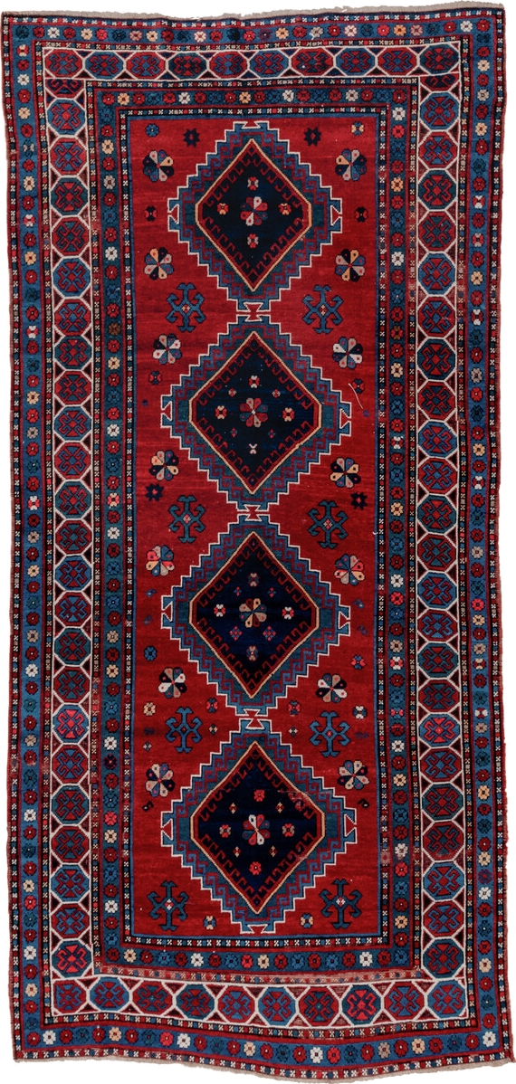 4' x 10' one-of-a-kind handmade antique Kazak runner rug. Color palette: red, navy, sky blue, ivory, crimson, charcoal, rose