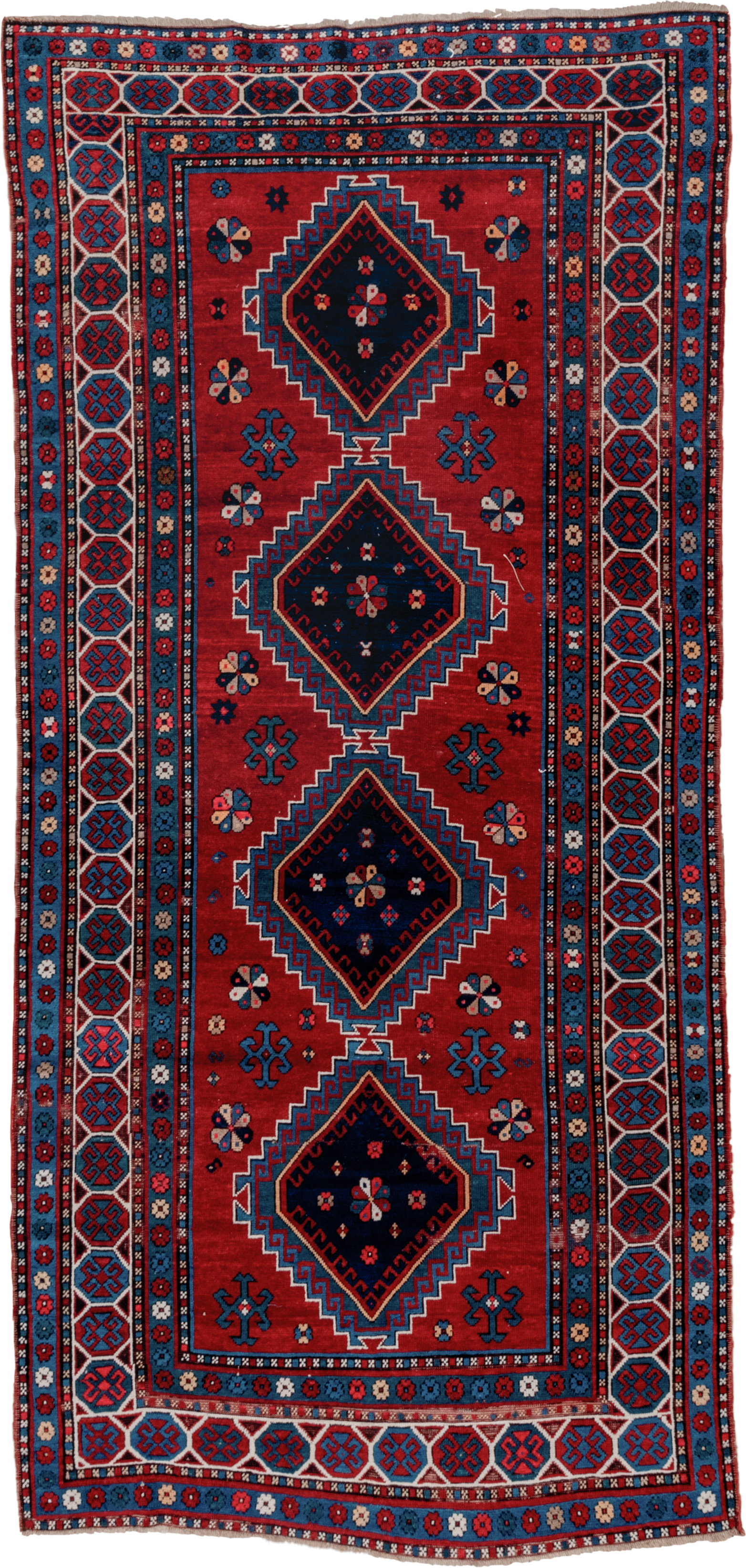 4' x 10' one-of-a-kind handmade antique Kazak runner rug. Color palette: red, navy, sky blue, ivory, crimson, charcoal, rose