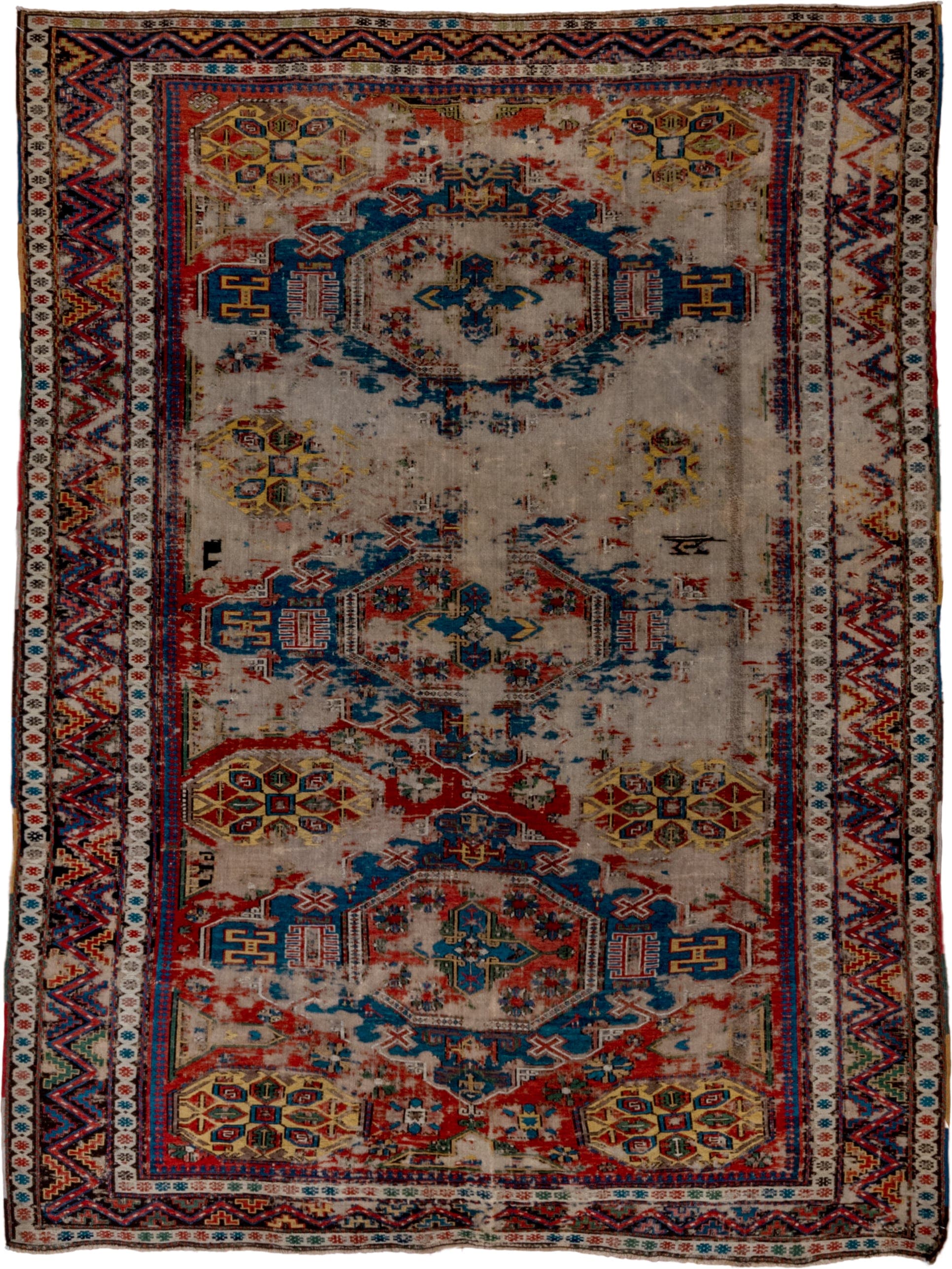 6' x 7' one-of-a-kind handmade antique Sumak rug. Color palette: ivory, indigo, rust, crimson, gold, charcoal, saffron, teal