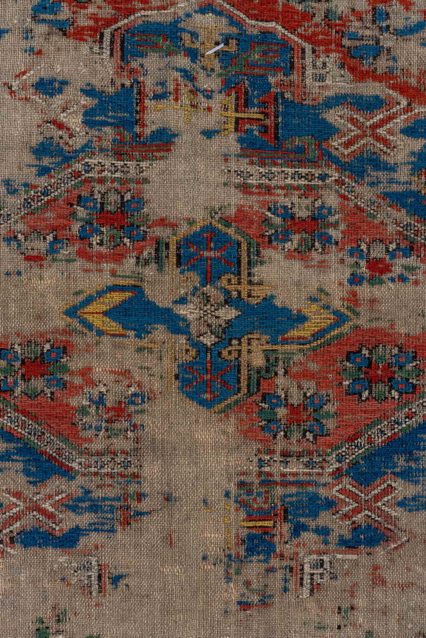 6' x 7' one-of-a-kind handmade antique Sumak rug. Color palette: ivory, indigo, rust, crimson, gold, charcoal, saffron, teal