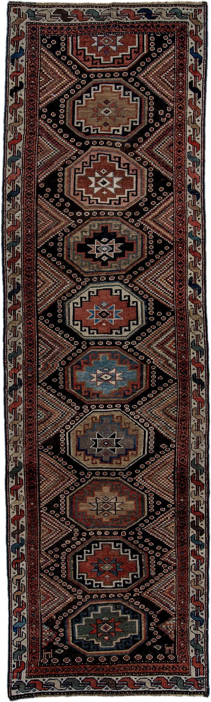 3' x 10' one-of-a-kind handmade antique NW Persian runner rug. Color palette: ivory, charcoal, rust, slate_blue, camel, navy