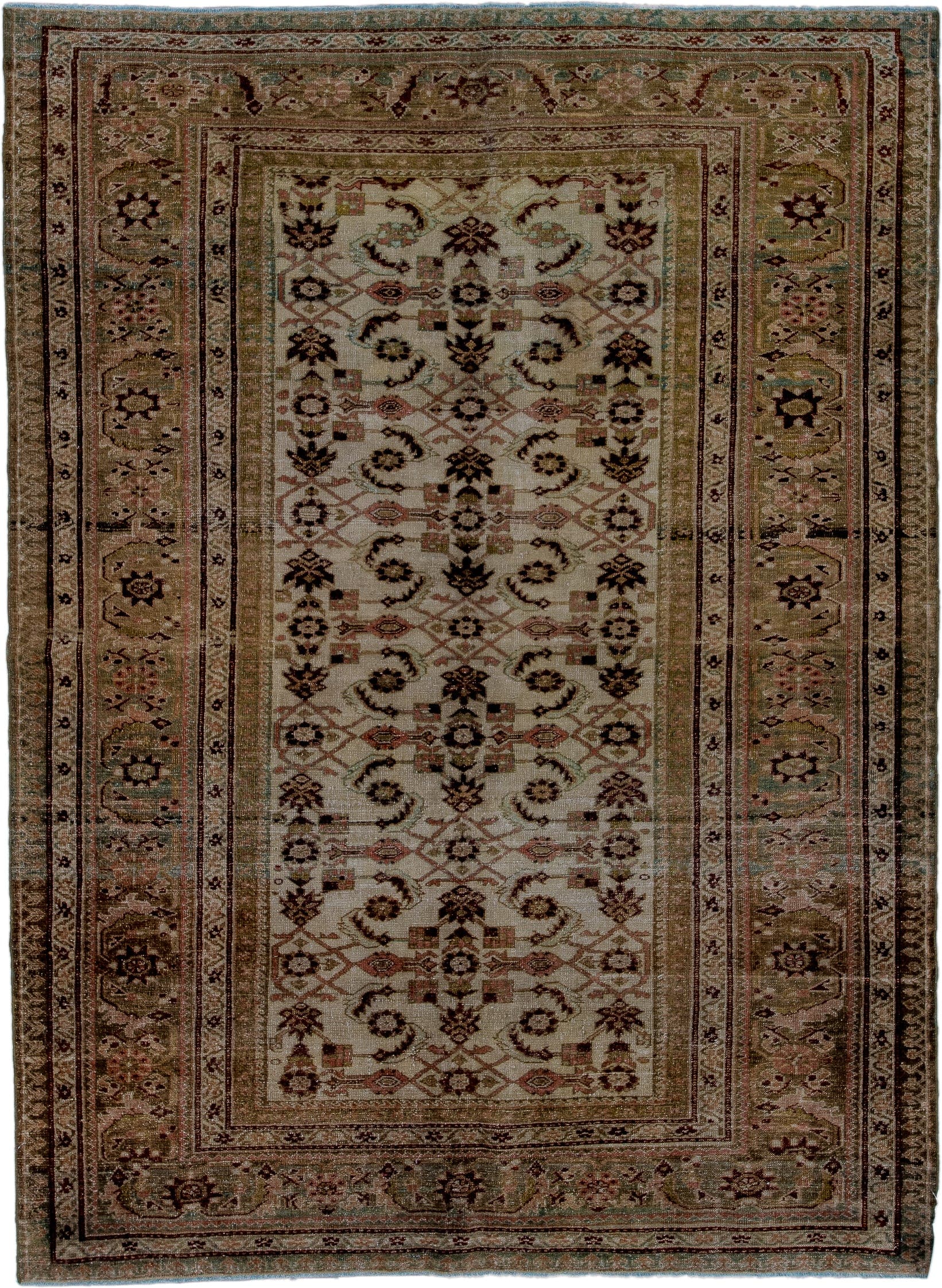 4' x 6' one-of-a-kind handmade antique Malayer small size rug. Color palette: ivory, sage, taupe, brown, rust, rose