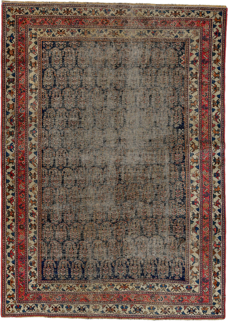 4' x 5' one-of-a-kind handmade vintage Afshar small size rug. Color palette: taupe, ivory, rust, navy, brick, camel, beige