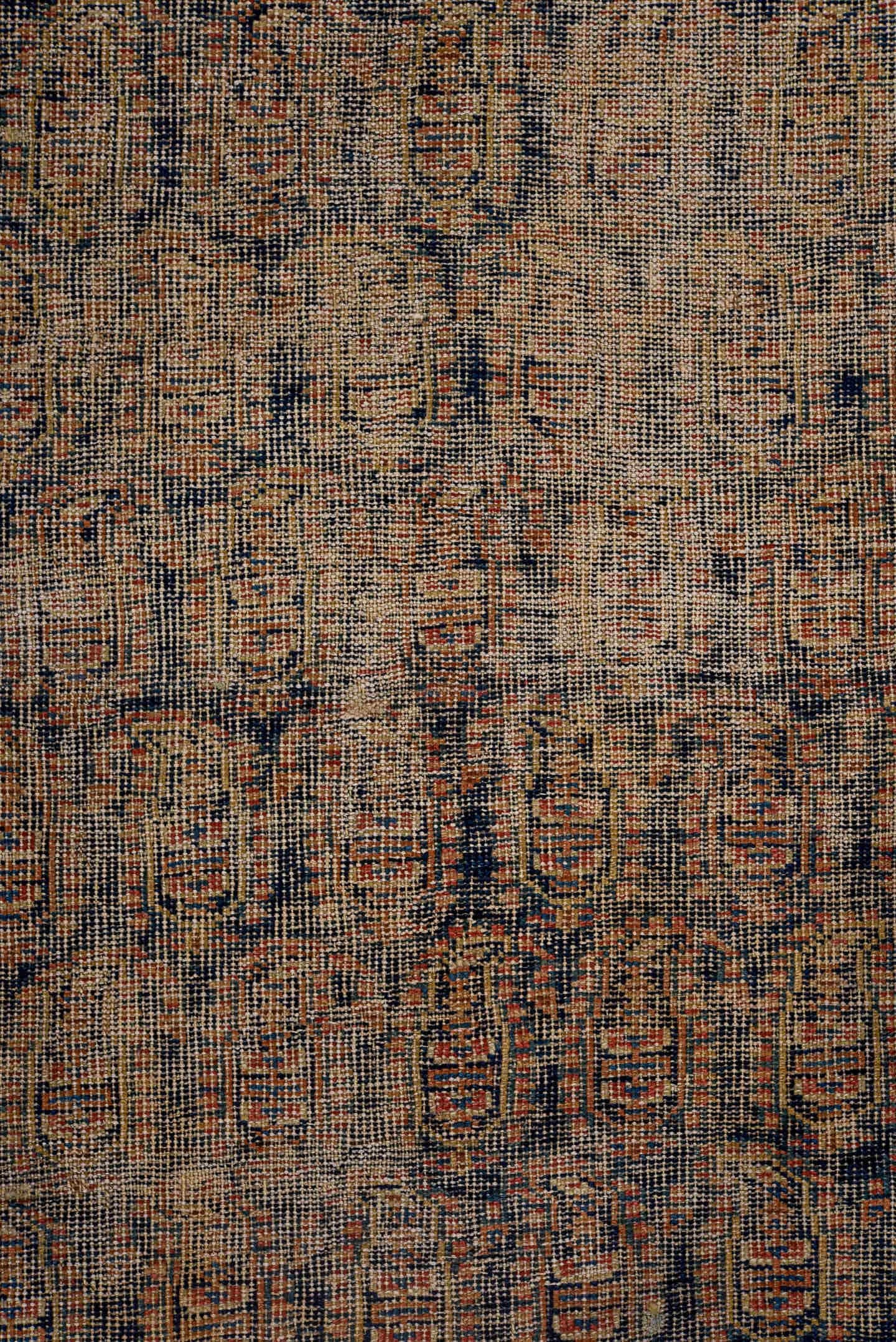 4' x 5' one-of-a-kind handmade vintage Afshar small size rug. Color palette: taupe, ivory, rust, navy, brick, camel, beige