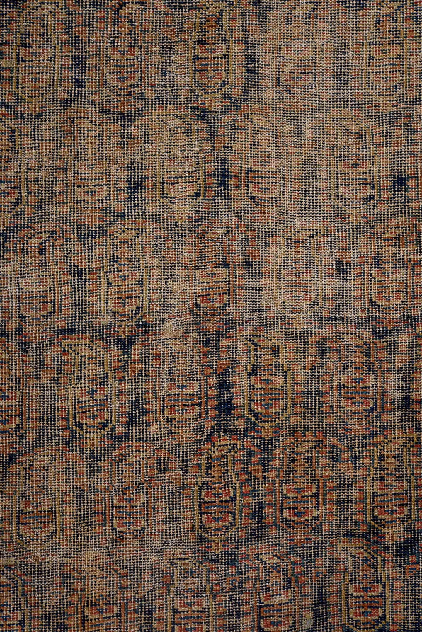4' x 5' one-of-a-kind handmade vintage Afshar small size rug. Color palette: taupe, ivory, rust, navy, brick, camel, beige