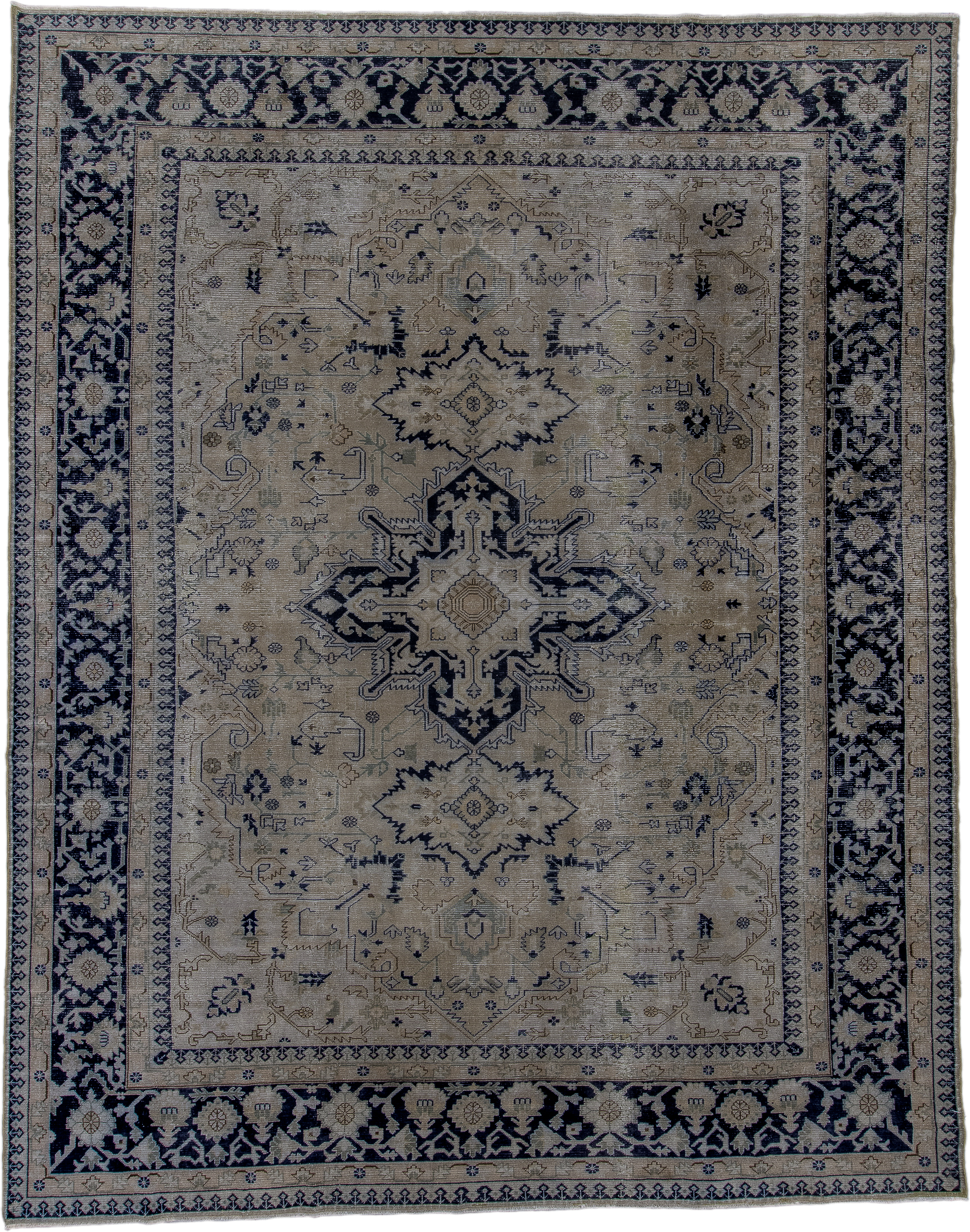 9' x 11' one-of-a-kind handmade antique Sparta large size rug. Color palette: ivory, navy, beige, taupe, slate, charcoal