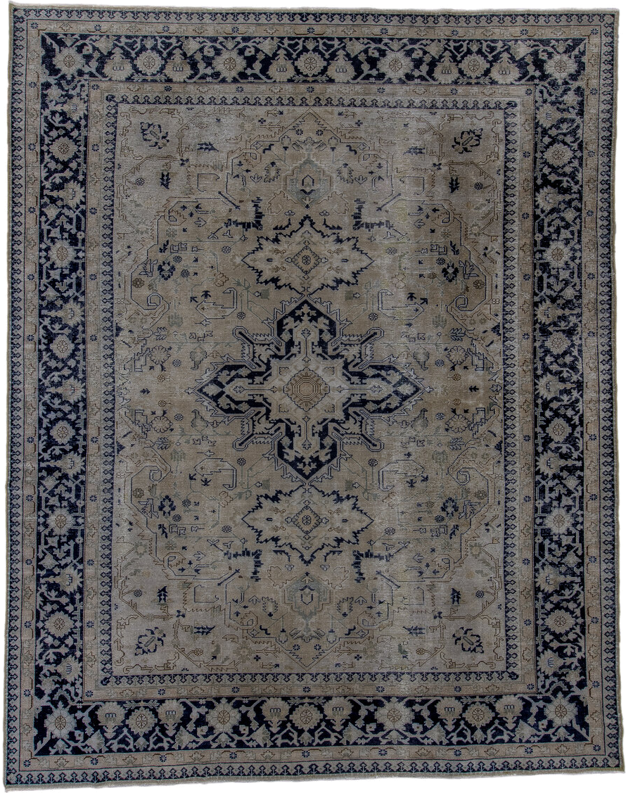 9' x 11' one-of-a-kind handmade antique Sparta large size rug. Color palette: ivory, navy, beige, taupe, slate, charcoal