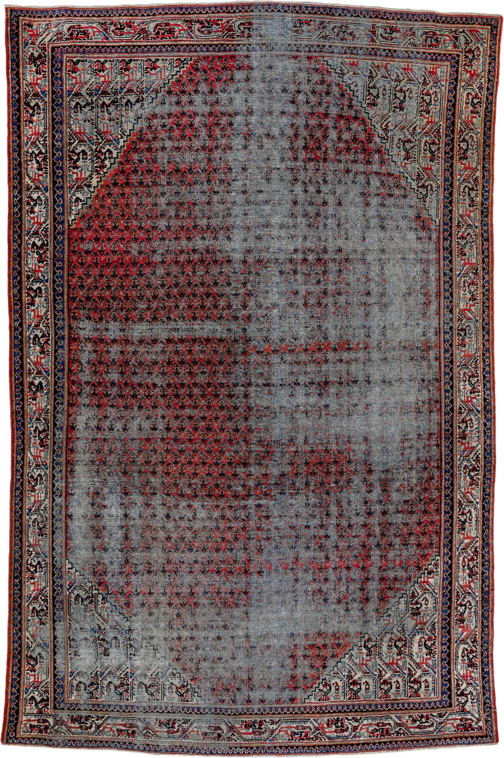 6' x 9' one-of-a-kind handmade vintage Saraband medium size rug. Color palette: blue-gray, ivory, red, navy, charcoal, gray