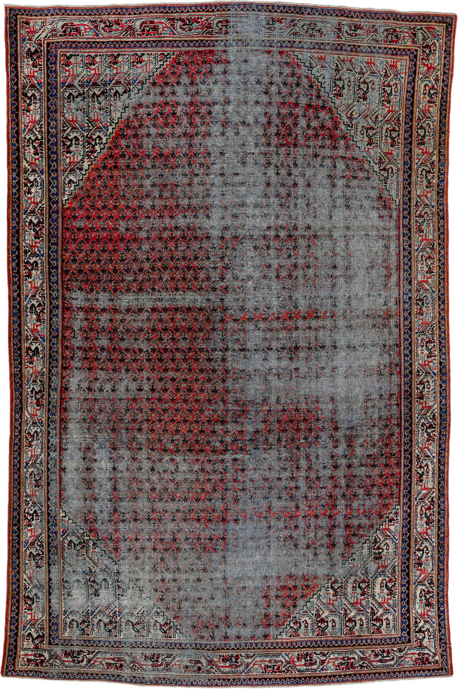 6' x 9' one-of-a-kind handmade vintage Saraband medium size rug. Color palette: blue-gray, ivory, red, navy, charcoal, gray