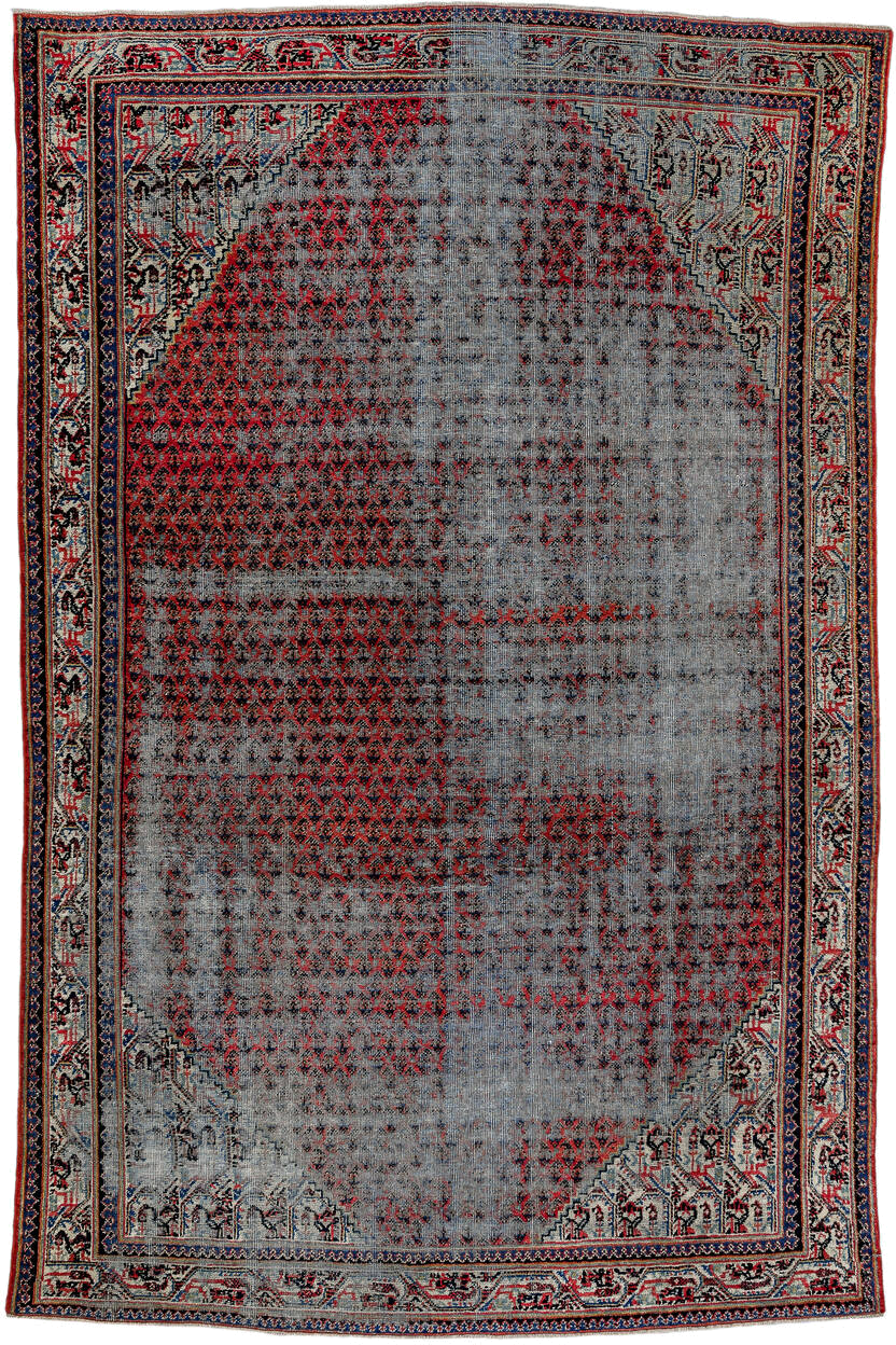 6' x 9' one-of-a-kind handmade vintage Saraband medium size rug. Color palette: blue-gray, ivory, red, navy, charcoal, gray