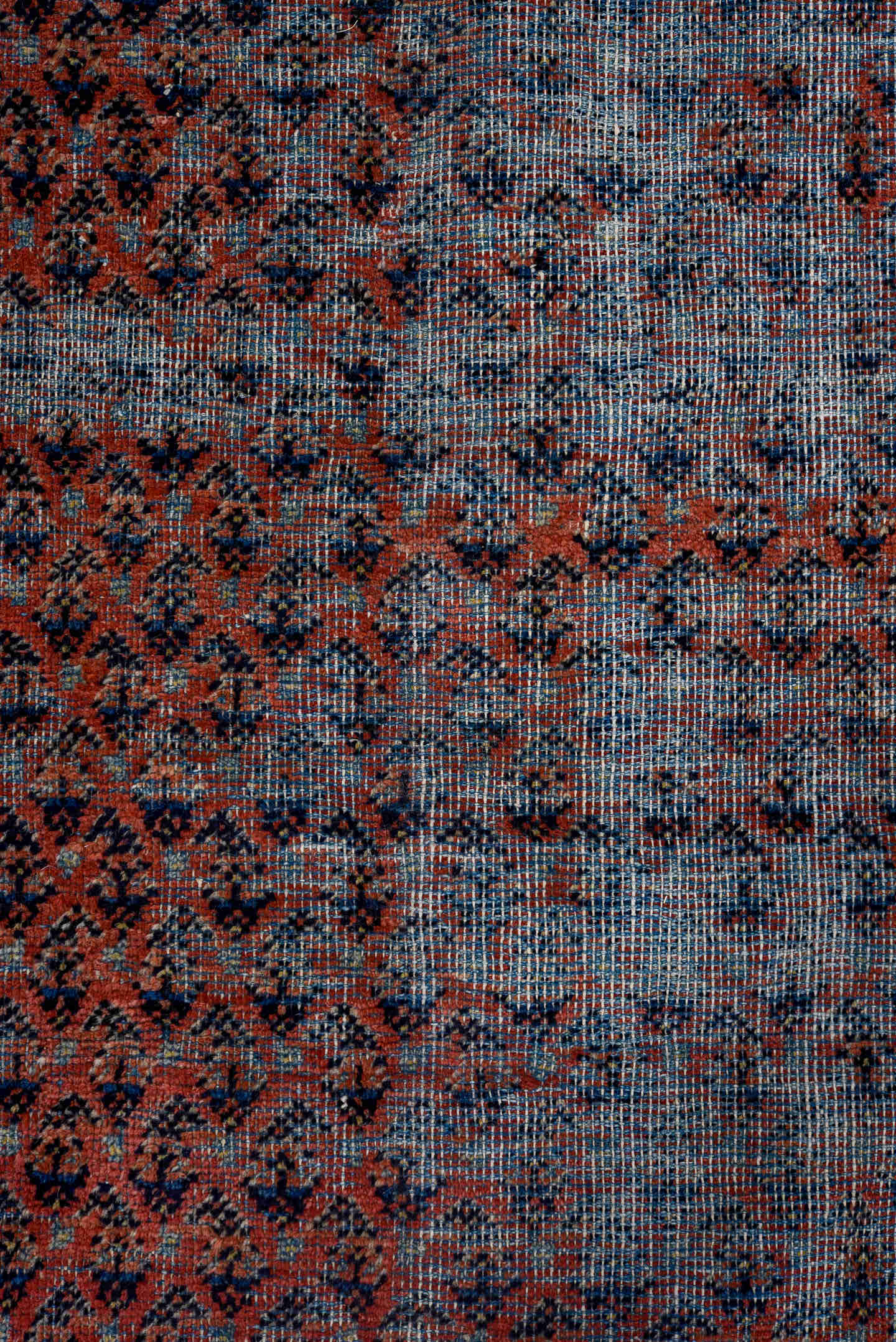 6' x 9' one-of-a-kind handmade vintage Saraband medium size rug. Color palette: blue-gray, ivory, red, navy, charcoal, gray