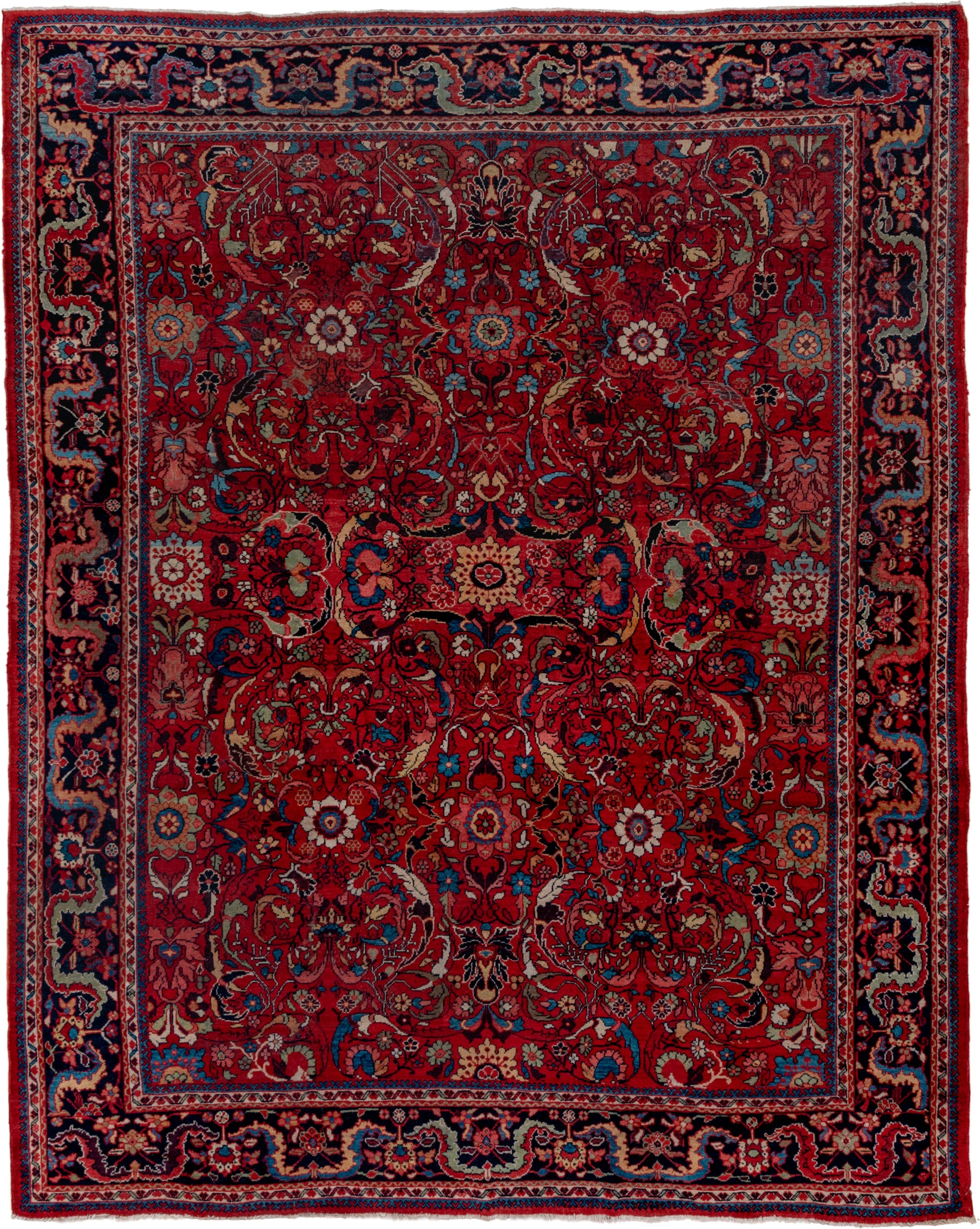 8' x 11' one-of-a-kind handmade antique Mahal large size rug. Color palette: red, navy, ivory, sky_blue, camel, burgundy