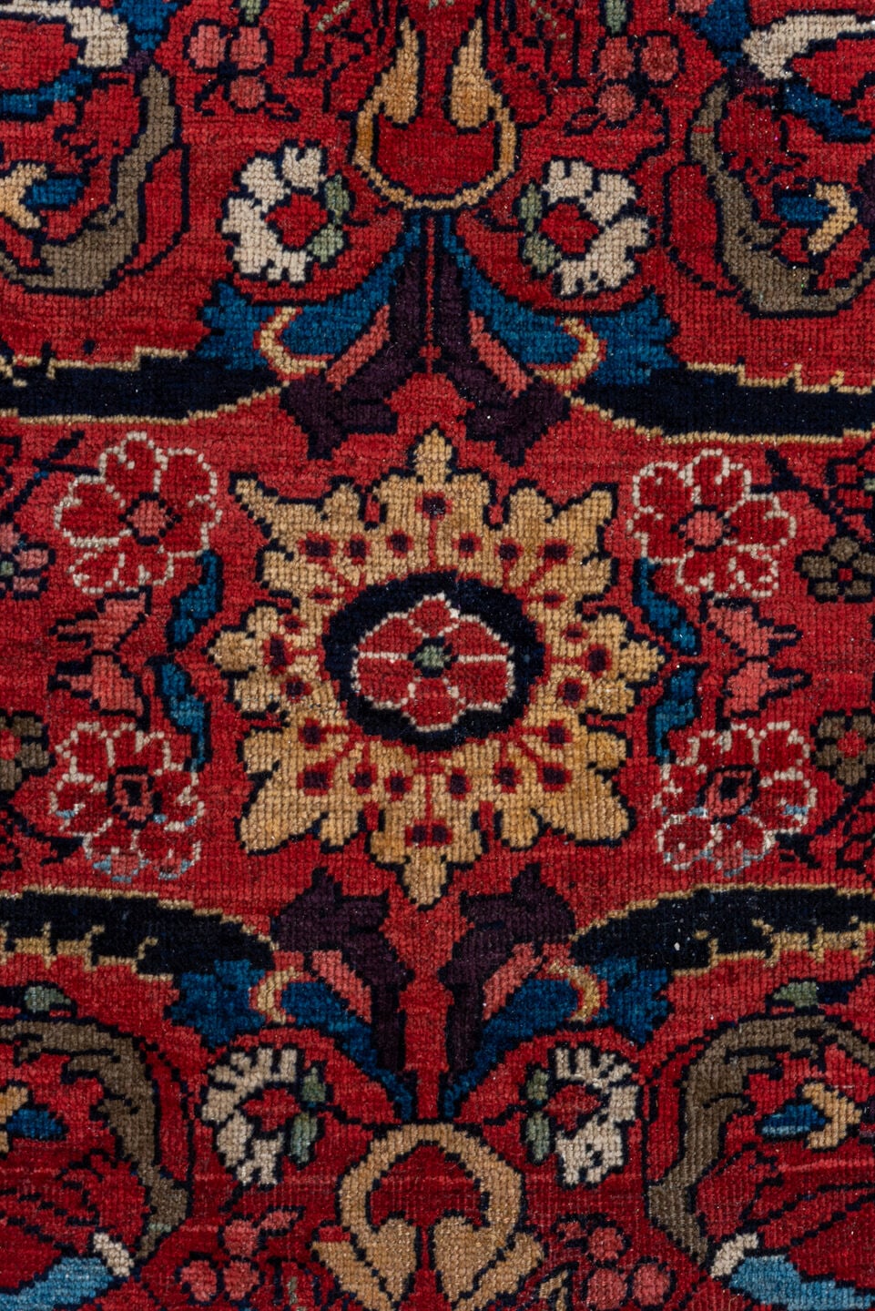 8' x 11' one-of-a-kind handmade antique Mahal large size rug. Color palette: red, navy, ivory, sky_blue, camel, burgundy