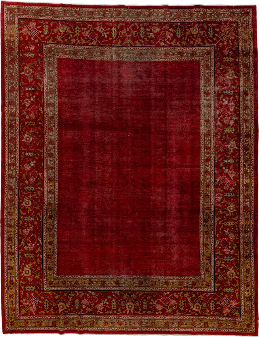 9' x 12' one-of-a-kind handmade antique Agra large size rug. Color palette: red, burgundy, camel, ivory, gold, rose, olive