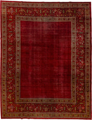 9' x 12' one-of-a-kind handmade antique Agra large size rug. Color palette: red, burgundy, camel, ivory, gold, rose, olive