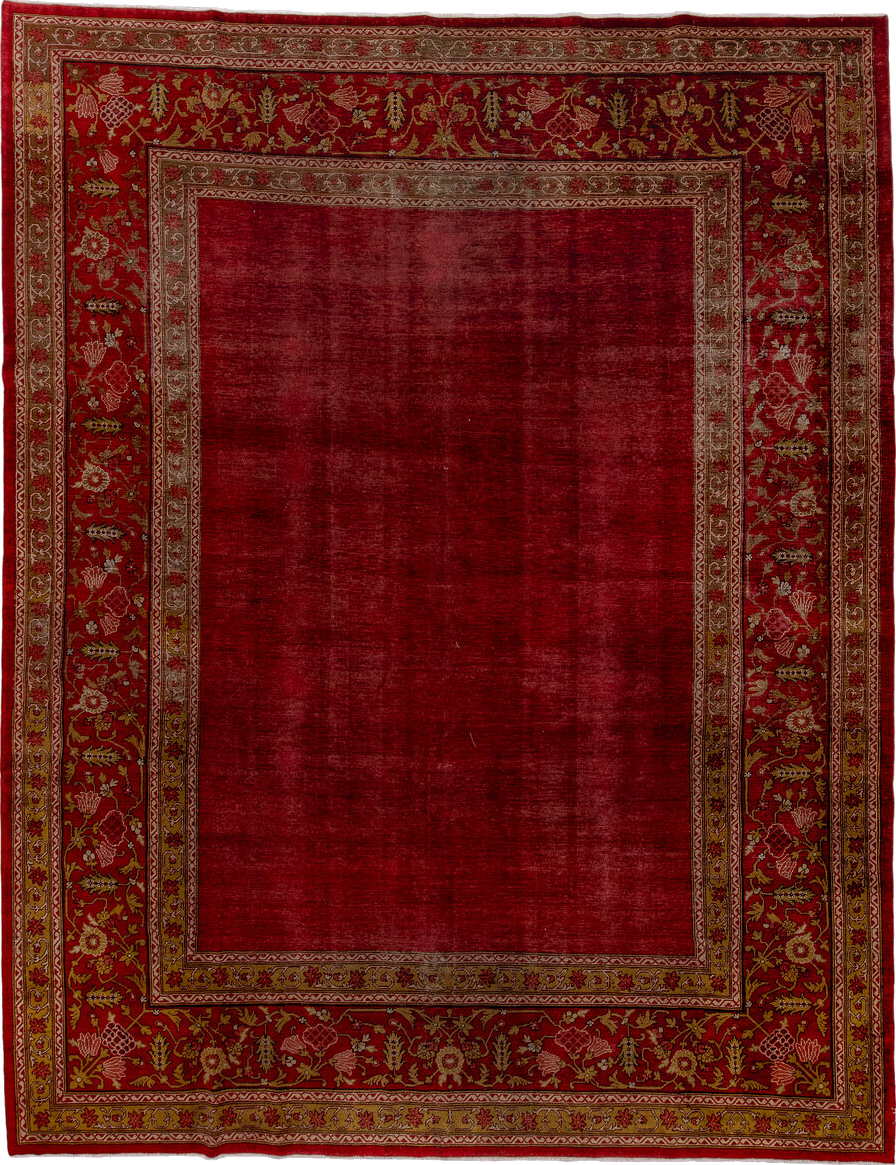 9' x 12' one-of-a-kind handmade vintage Agra large size rug. Color palette: brown, off-white, orange, pink, red, redwood