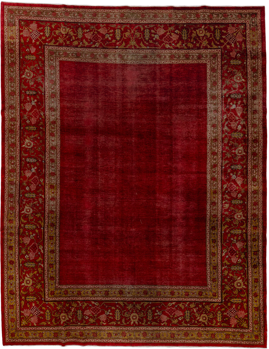 9' x 12' one-of-a-kind handmade antique Agra large size rug. Color palette: red, burgundy, camel, ivory, gold, rose, olive