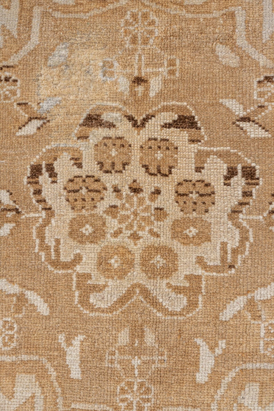7' x 10' one-of-a-kind handmade vintage Kars large size rug. Color palette: camel, ivory, taupe, beige, brown, gray