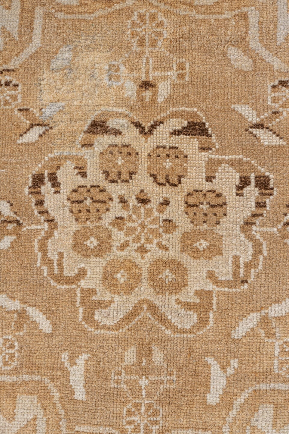 7' x 10' one-of-a-kind handmade vintage Kars large size rug. Color palette: camel, ivory, taupe, beige, brown, gray