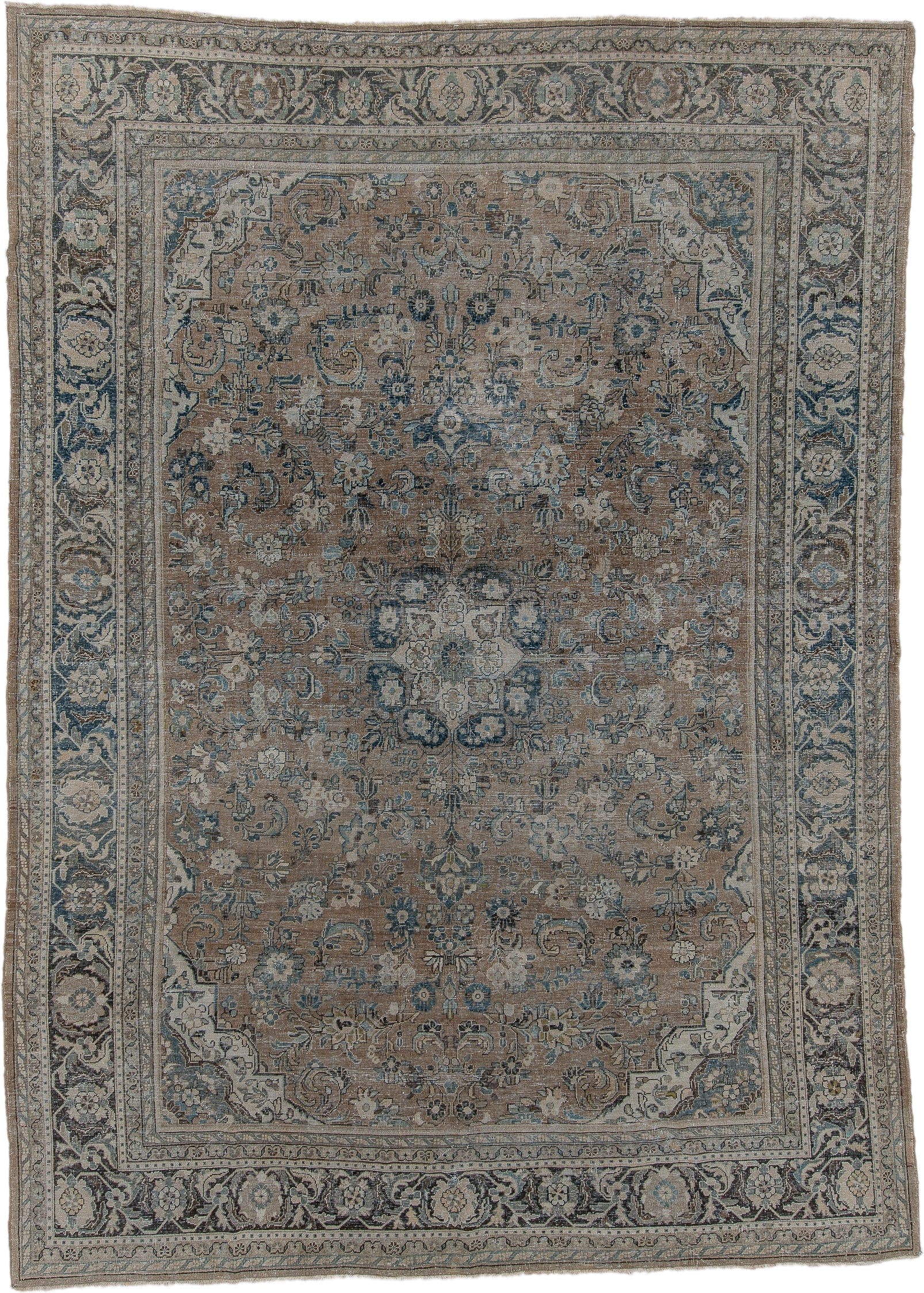 8' x 12' one-of-a-kind handmade vintage Mahal large size rug. Color palette: taupe, slate, ivory, blue, charcoal, beige
