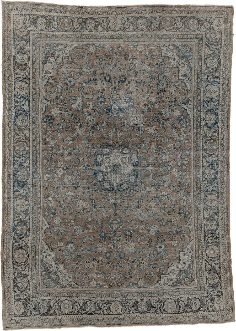 8' x 12' one-of-a-kind handmade vintage Mahal large size rug. Color palette: taupe, slate, ivory, blue, charcoal, beige