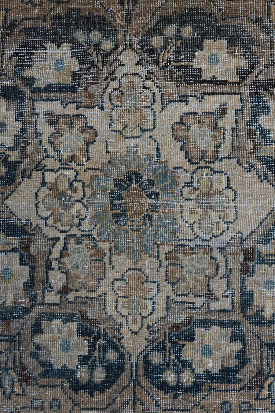 8' x 12' one-of-a-kind handmade vintage Mahal large size rug. Color palette: taupe, slate, ivory, blue, charcoal, beige