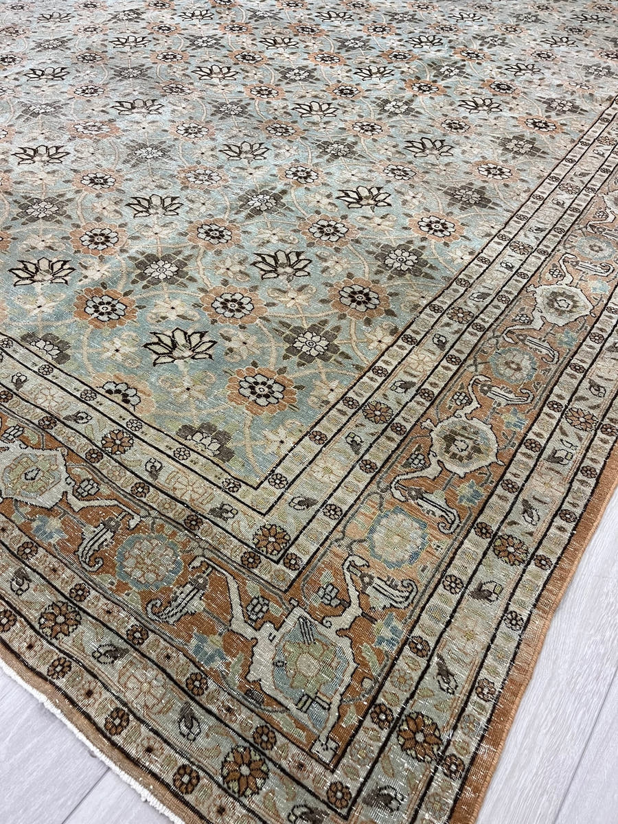 8' x 12' one-of-a-kind handmade antique Varamin large size rug. Color palette: ivory, pale aqua, taupe, terracotta, camel