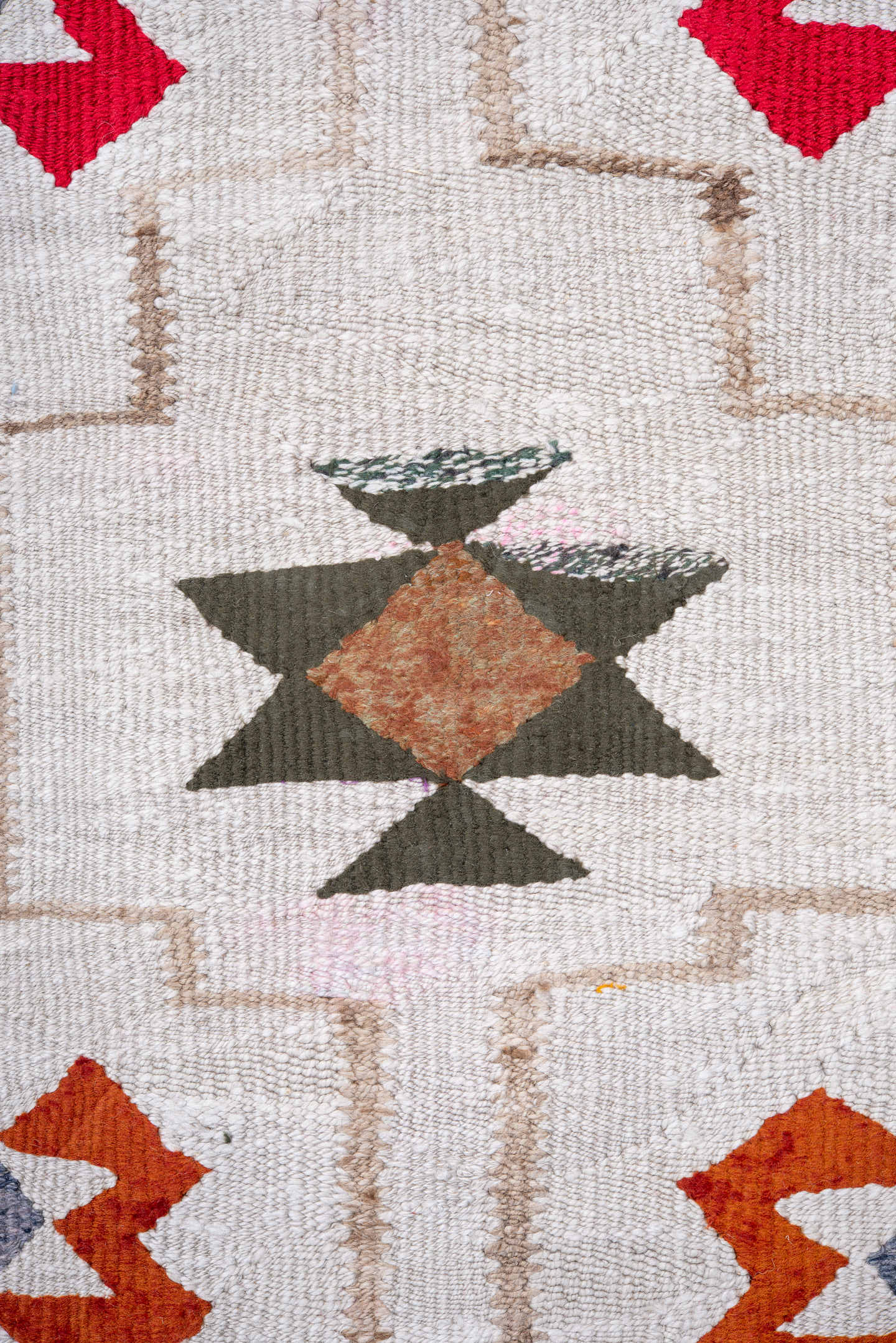 2' x 10' one-of-a-kind handmade antique Kilim runner rug. Color palette: ivory, crimson, rust, taupe, brown, gold, gray