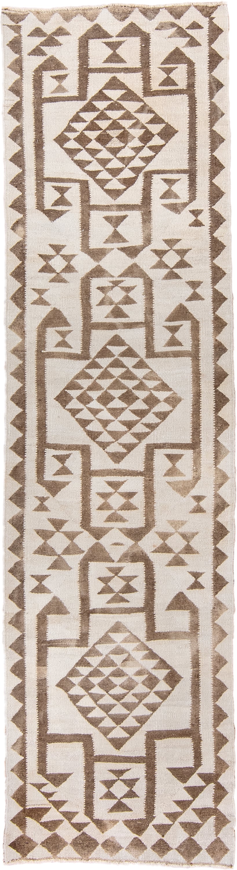 3' x 10' one-of-a-kind handmade vintage Kilim runner rug. Color palette: ivory, taupe, beige, camel, gray