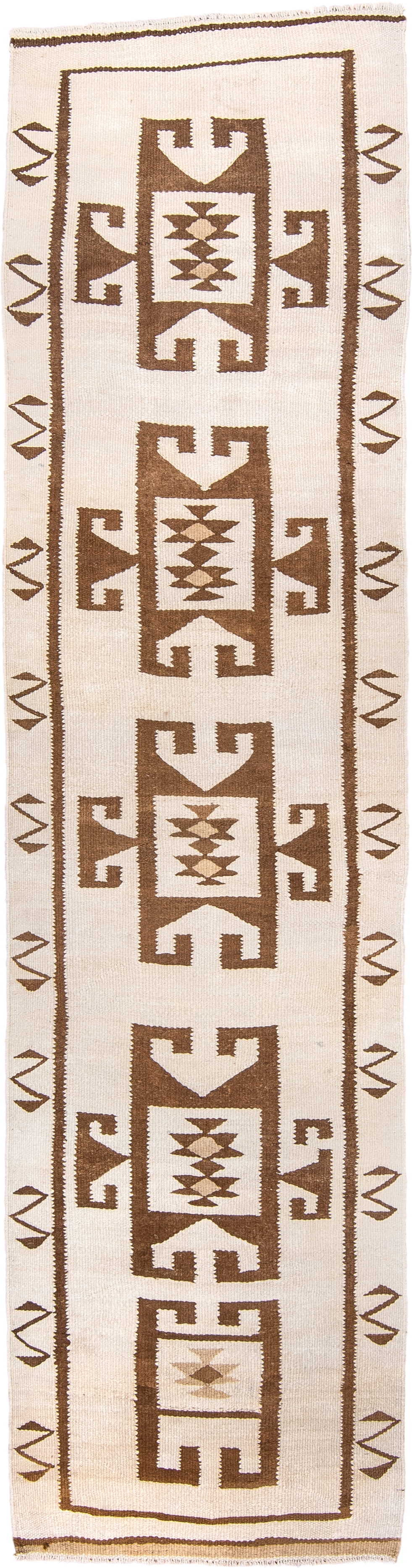 3' x 11' one-of-a-kind handmade antique Kilim runner rug. Color palette: ivory, camel, taupe, brown, beige, gray
