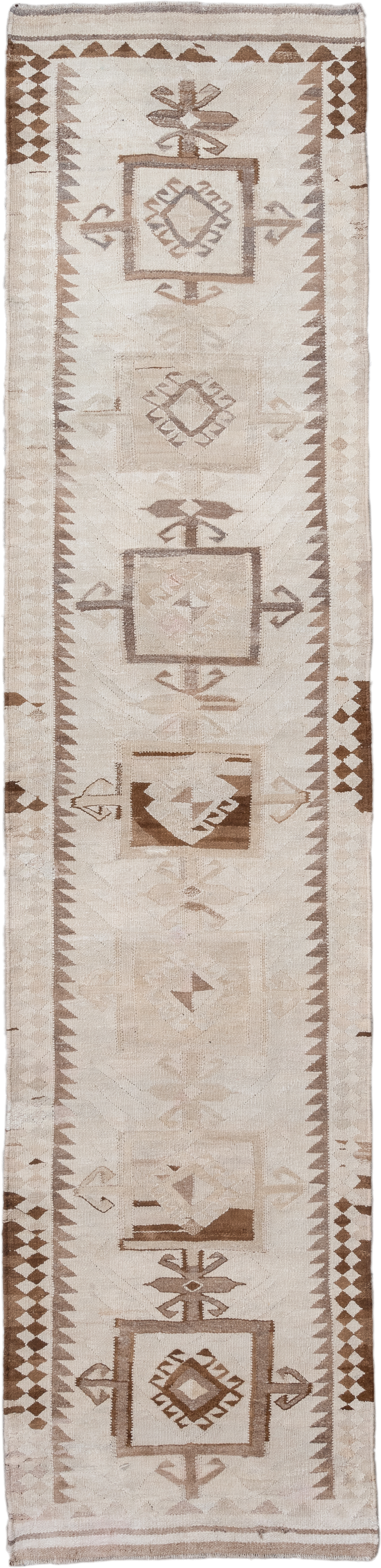3' x 13' one-of-a-kind handmade antique Kilim runner rug. Color palette: ivory, taupe, camel, brown, beige, gray
