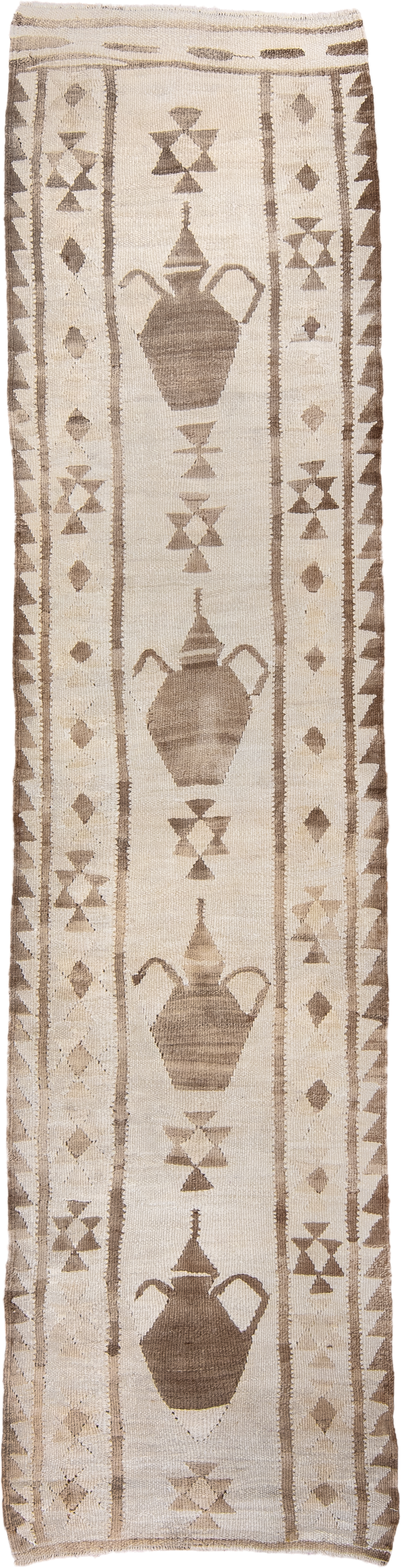 2' x 11' one-of-a-kind handmade antique Kilim runner rug. Color palette: ivory, taupe, brown, camel, beige, gray